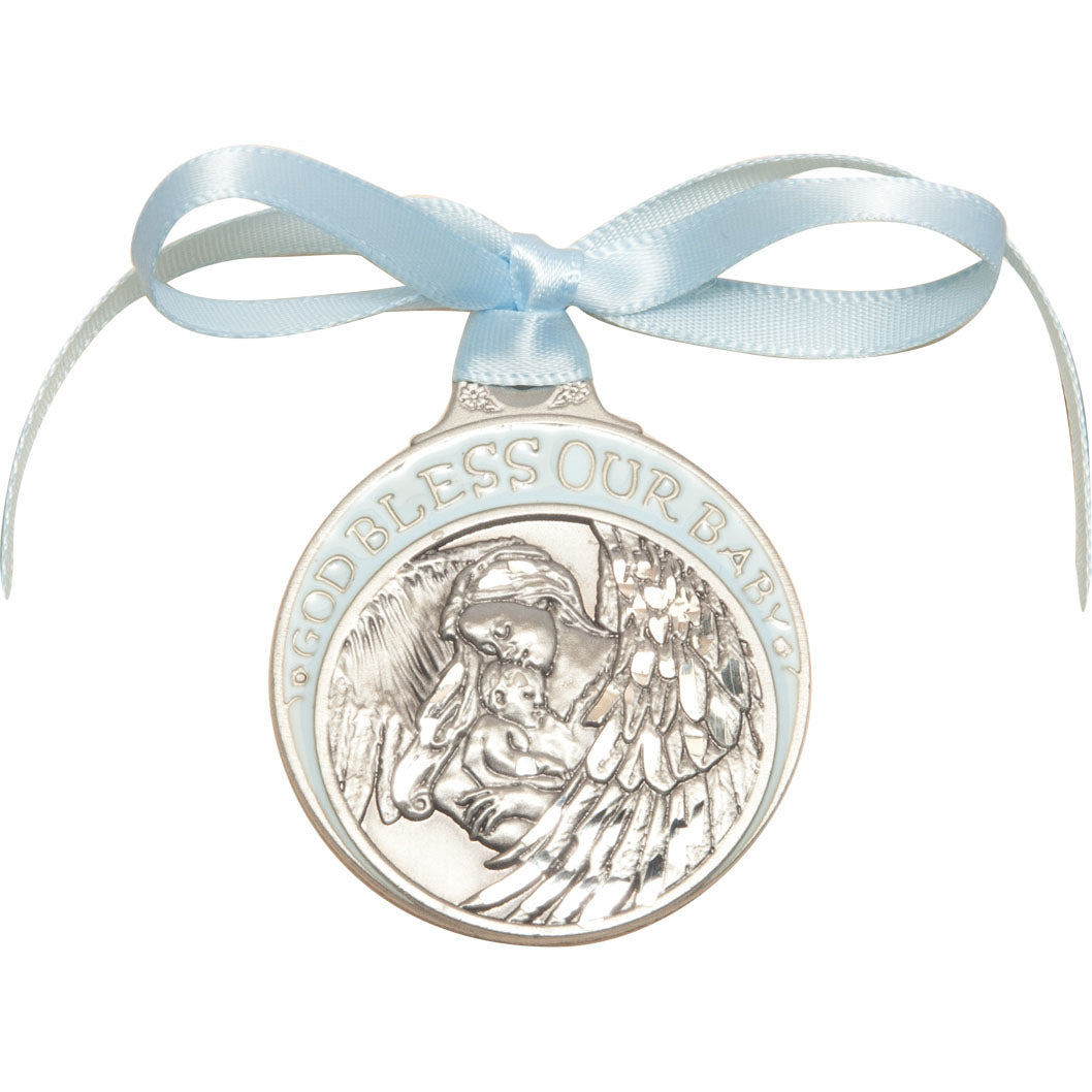 Pewter Blue Baby with Angel Crib Medal 4300BPW