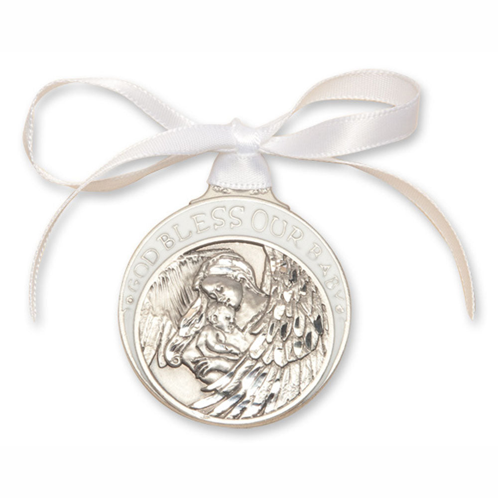 Pewter White Baby with Angel Crib Medal 4300WPW
