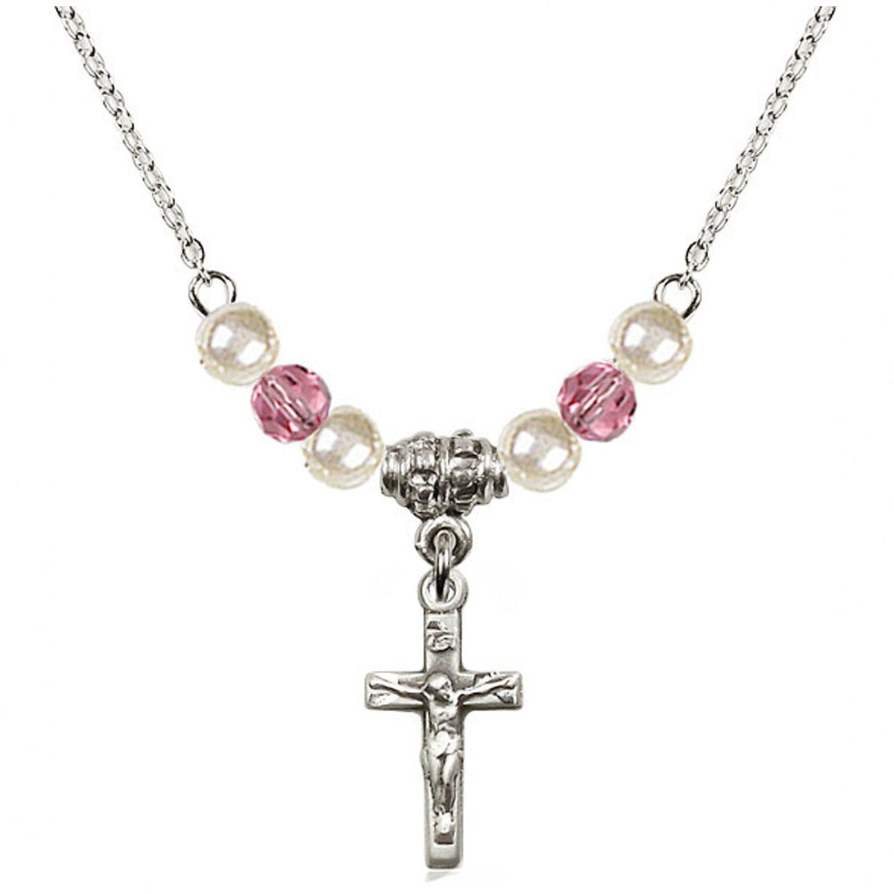 Crucifix Necklace with Faux Pearls & Pink Crystals N03PRRO-2529PWS