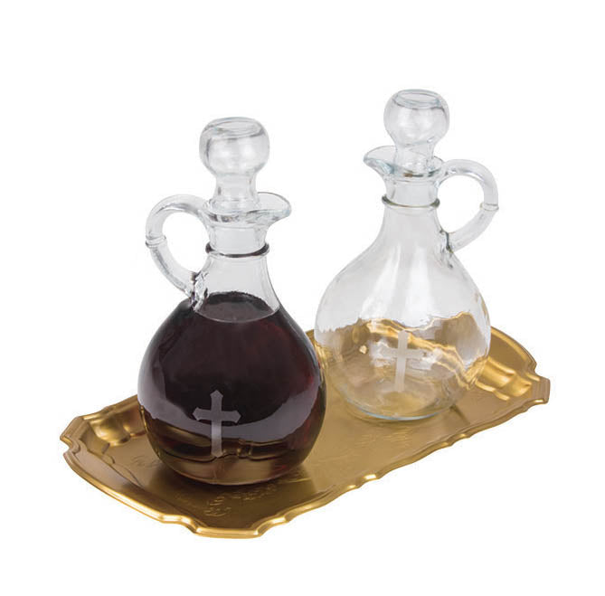 Mass Cruet Set with Engraved Brass Tray T90B
