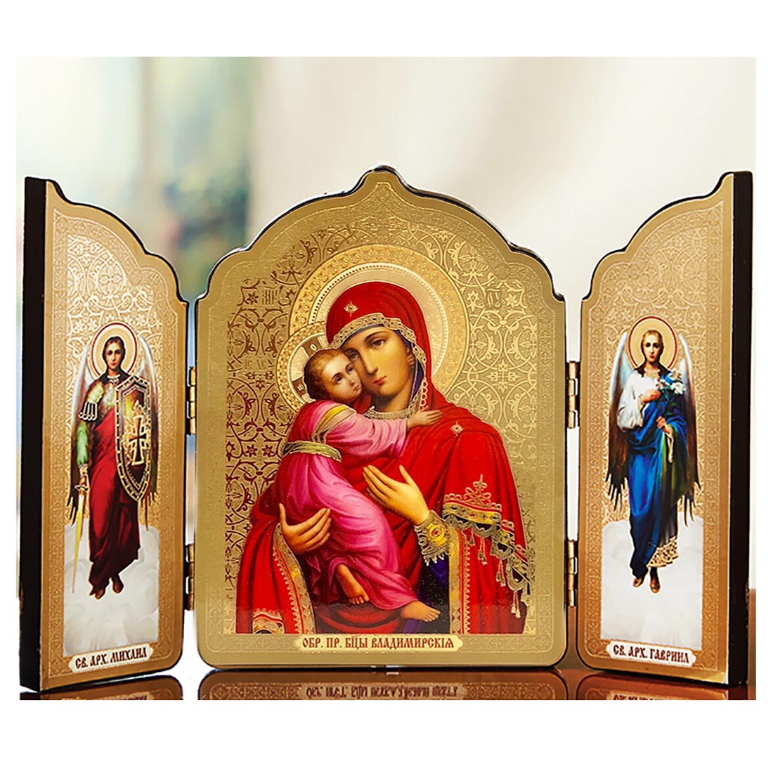 Wooden Icon Triptyich Virgin of Vladimir with Sts Michael & Gabriel