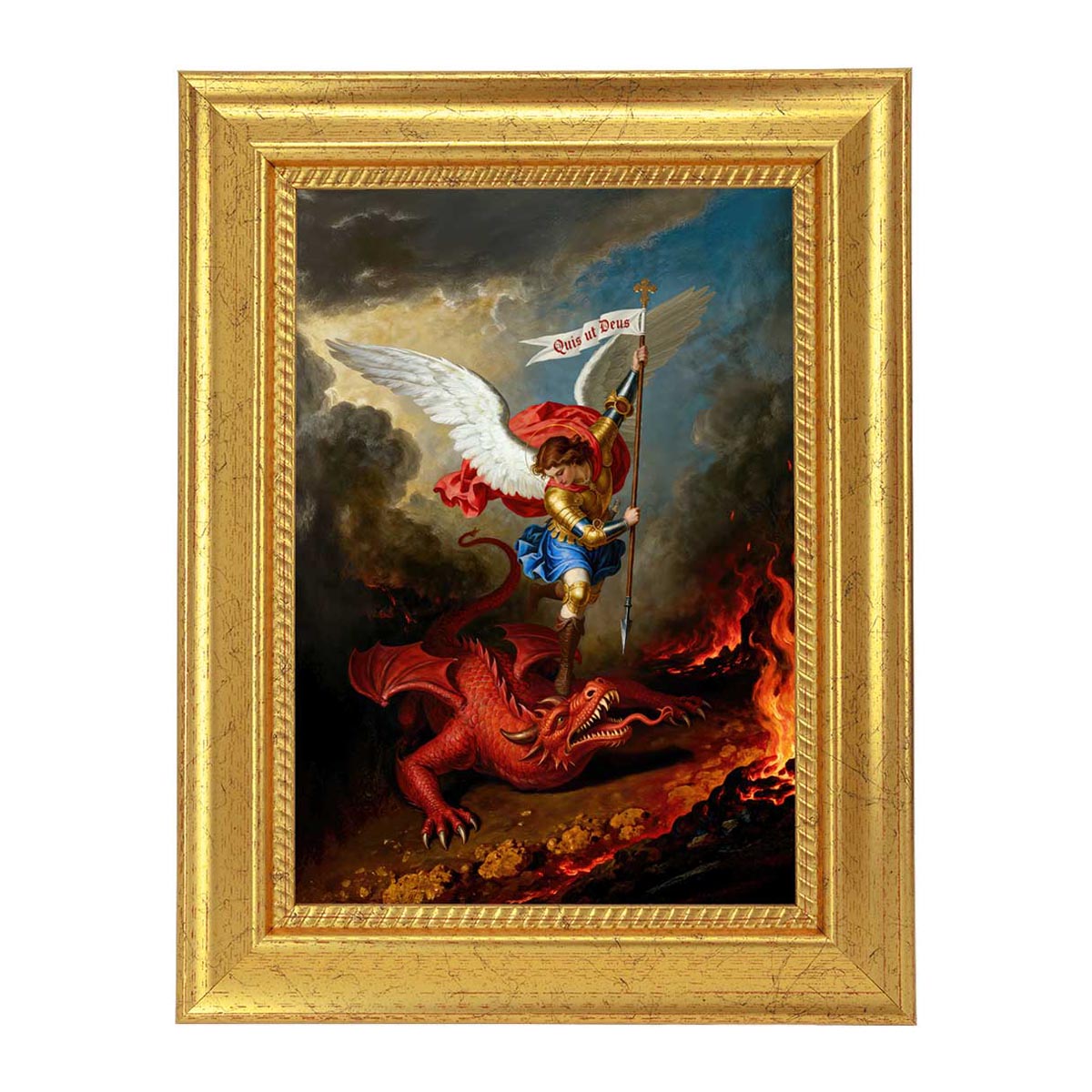 5x7 inch St Michael Defeating the Dragon Textured Art in Gold Frame