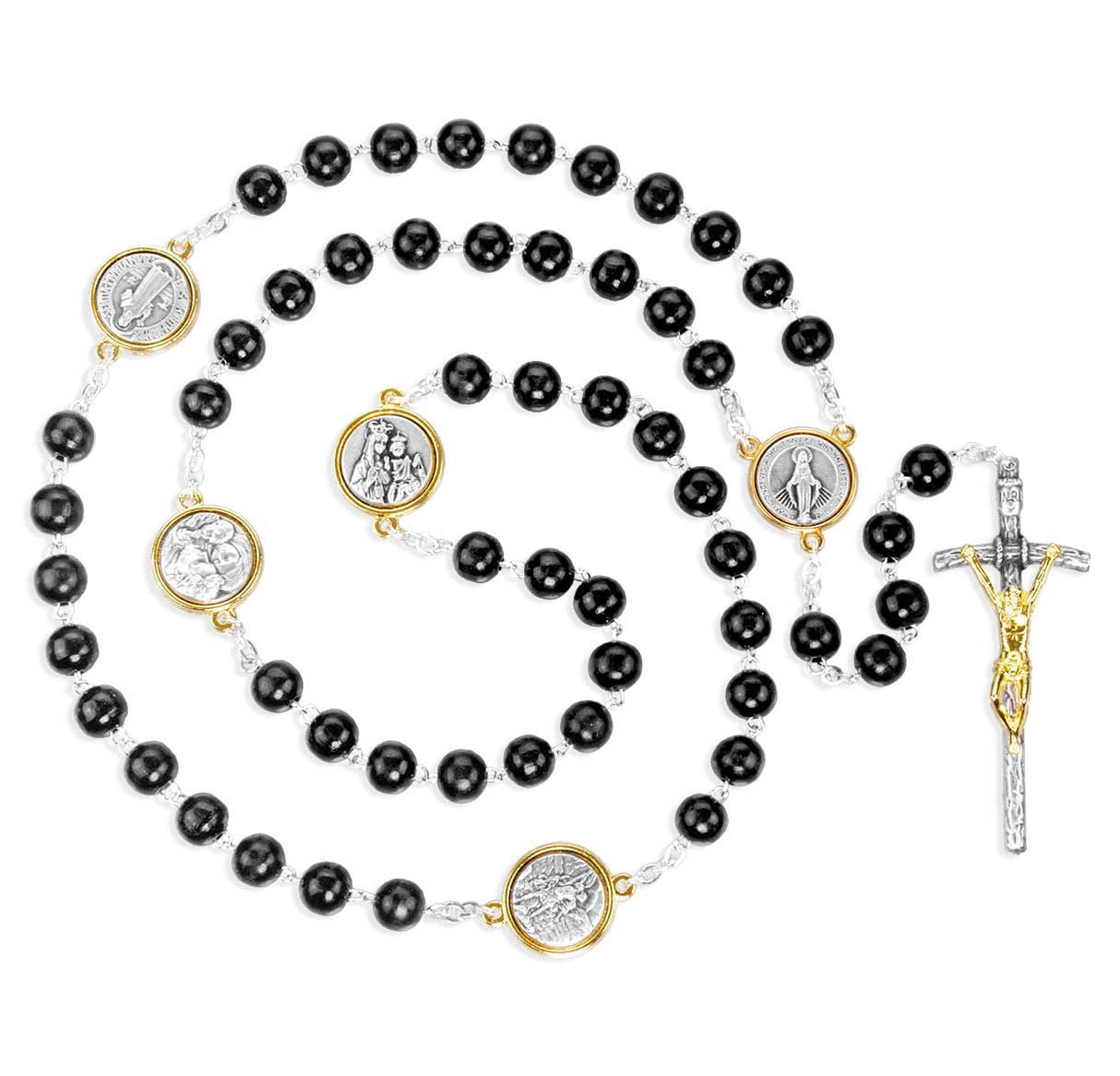 7mm Black Wood Rosary with 2 Tone Our Father Medals