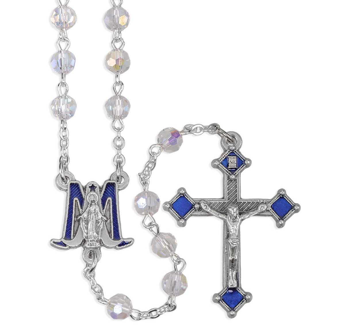 6mm Tin Cut Crystal Rosary with Blue "M" Marian Center 722SCR