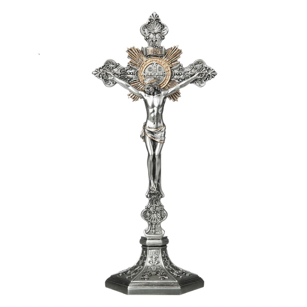 24 inch Standing Benedict Crucifix with Pewter & Gold Finish