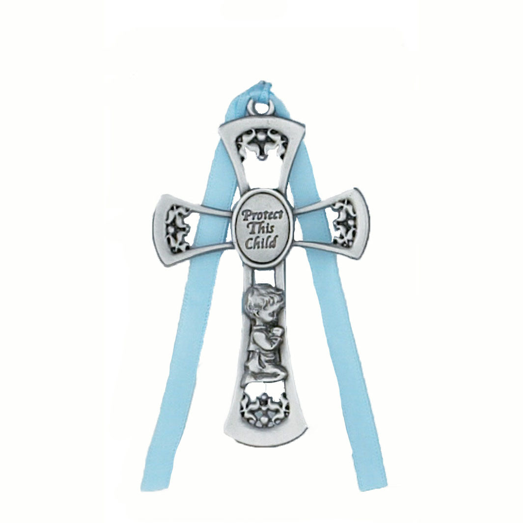3.75 inch Pewter Boy Crib Cross with Blue Ribbon