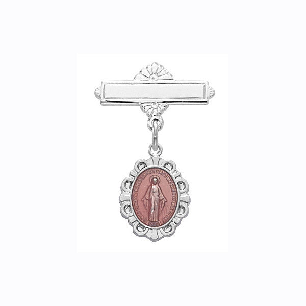 Baby Sterling Miraculous Medal on Bar Pin with Pink Epoxy 420LT