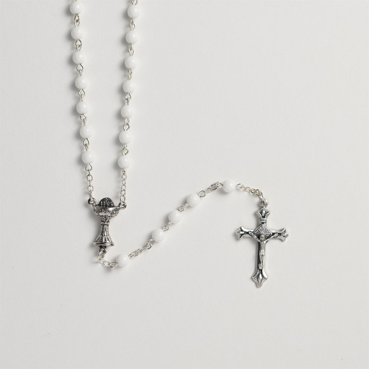 White Glass Rosary Beads with Communion Center
