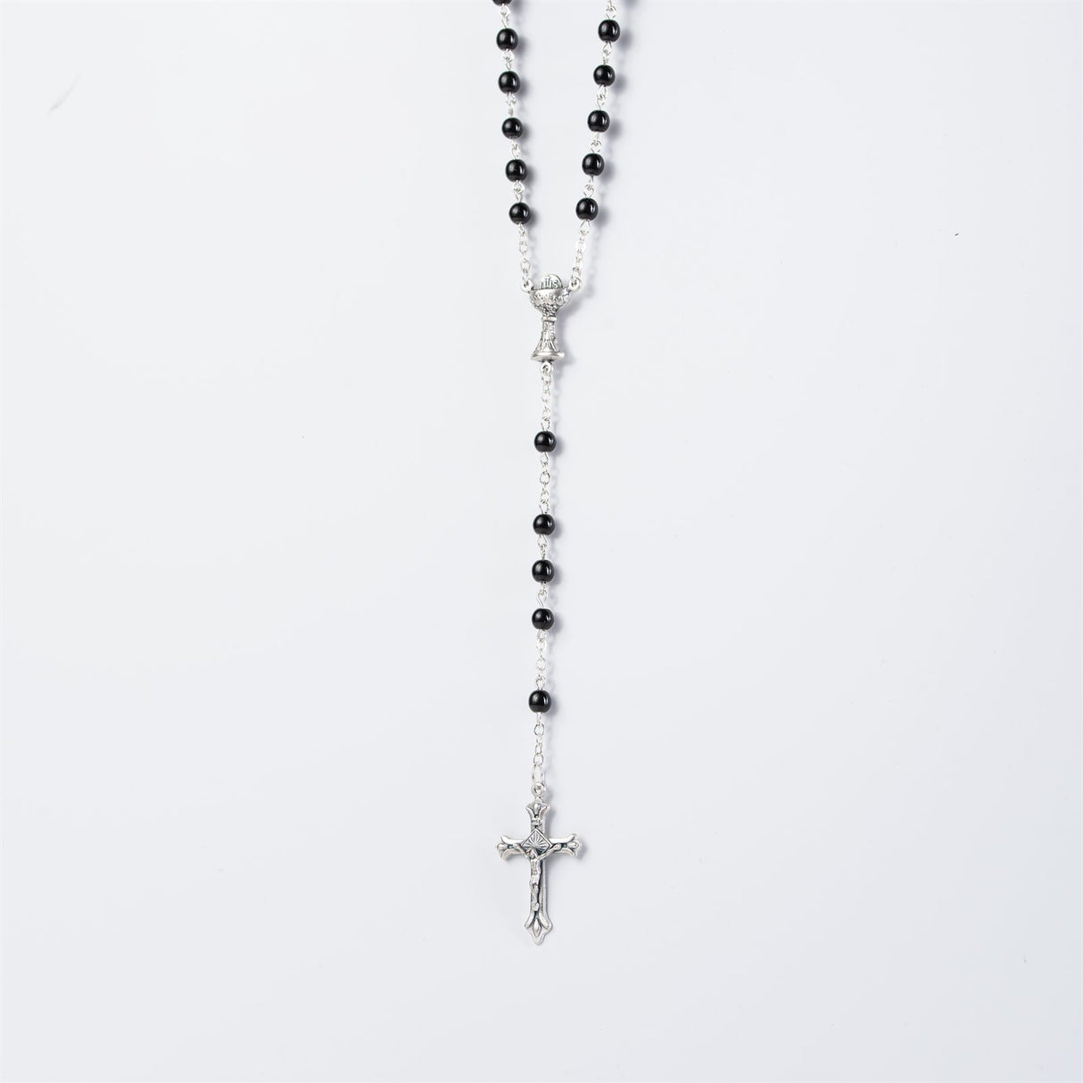 Black Glass Rosary Beads with Communion Center