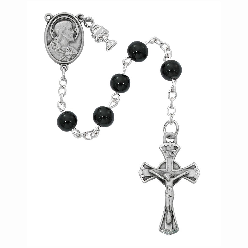 6mm Black Glass Bead Rosary with Deluxe Medal & Crucifix