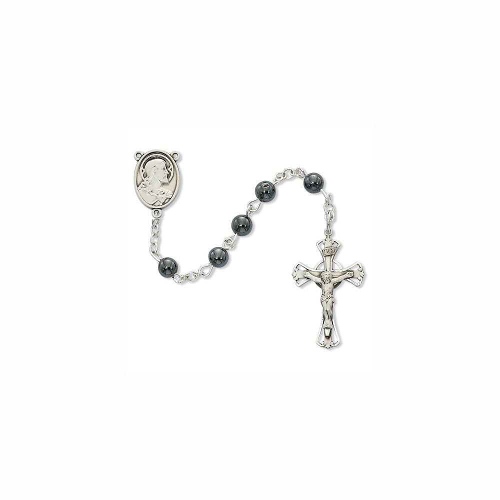 6mm Hematite Bead Rosary with Sterling Silver Medal & Crucifix