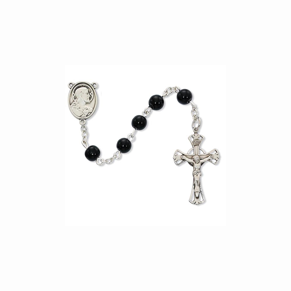 5mm Black Glass Bead Rosary with Sterling Silver Medal & Crucifix