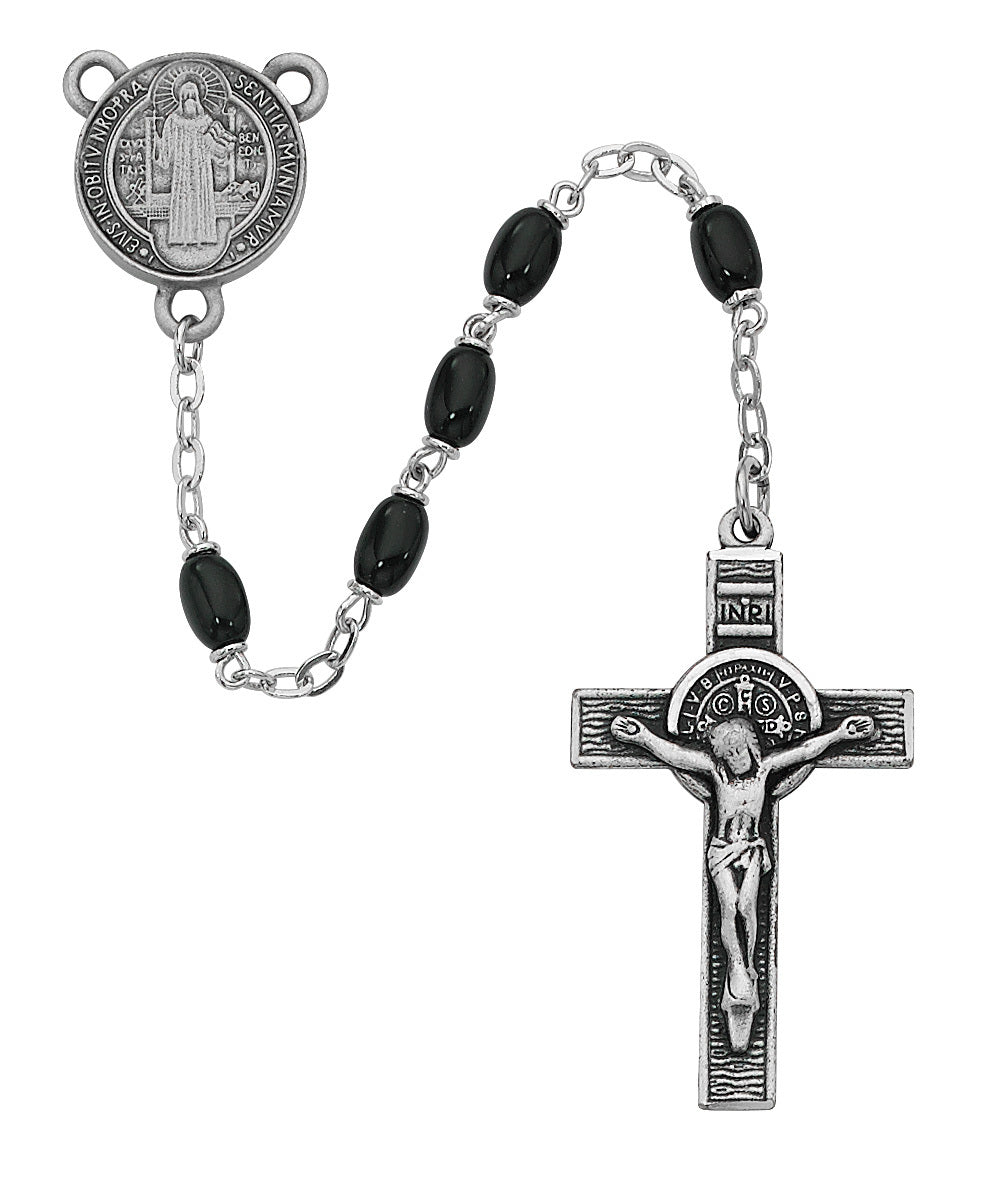 Black Oval Glass Saint Benedict Deluxe Rosary R365DF
