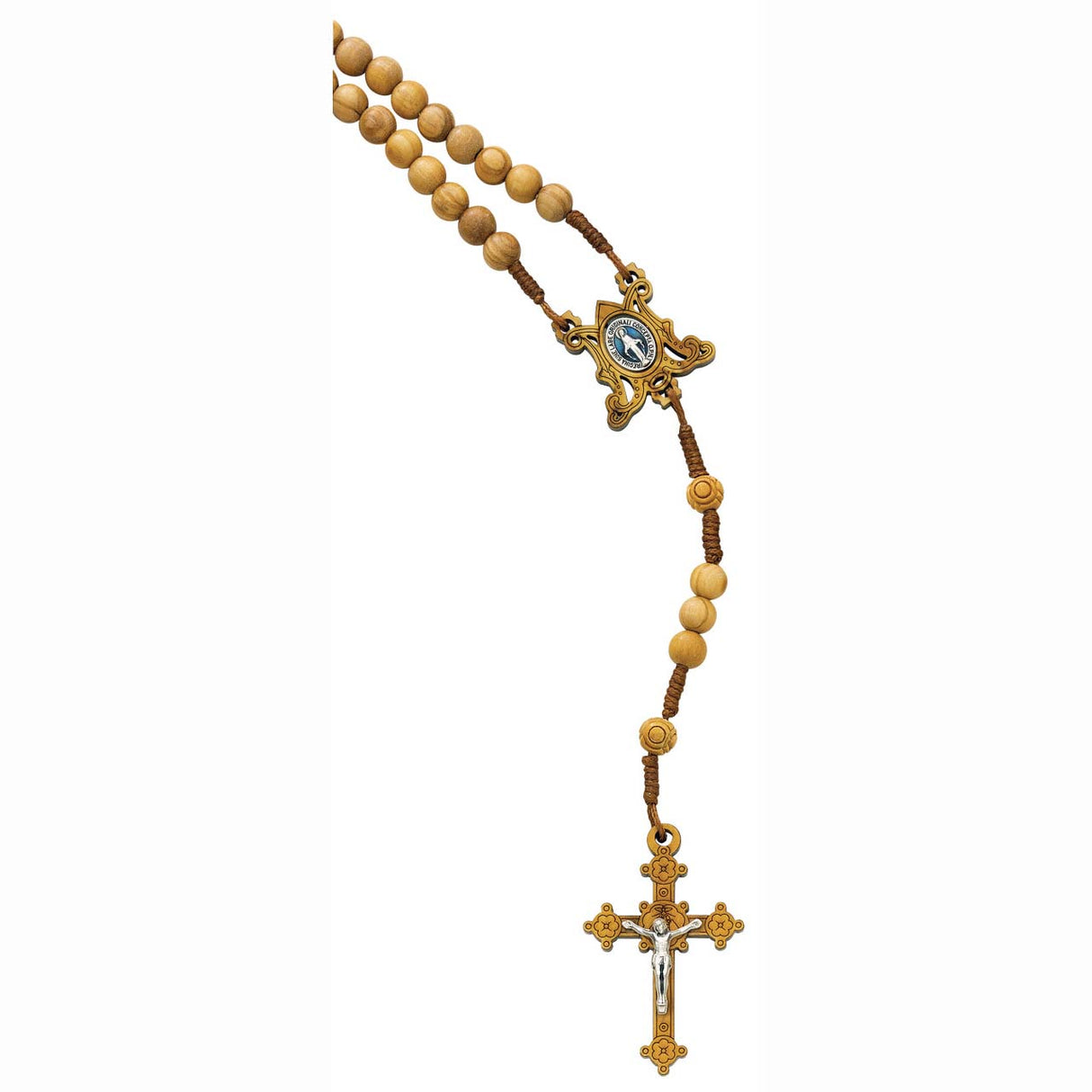 Olivewood Bead Rosary on Cord with Miraculous Medal Center
