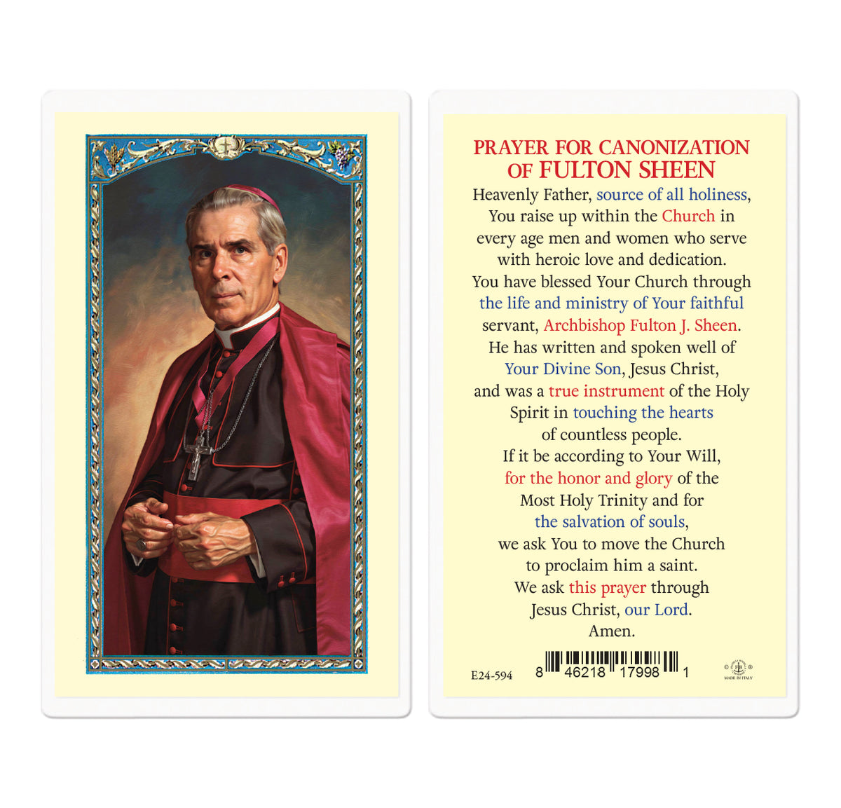 Prayer for Canonization of Fulton Sheen Lamianted Holy Card - E24-594