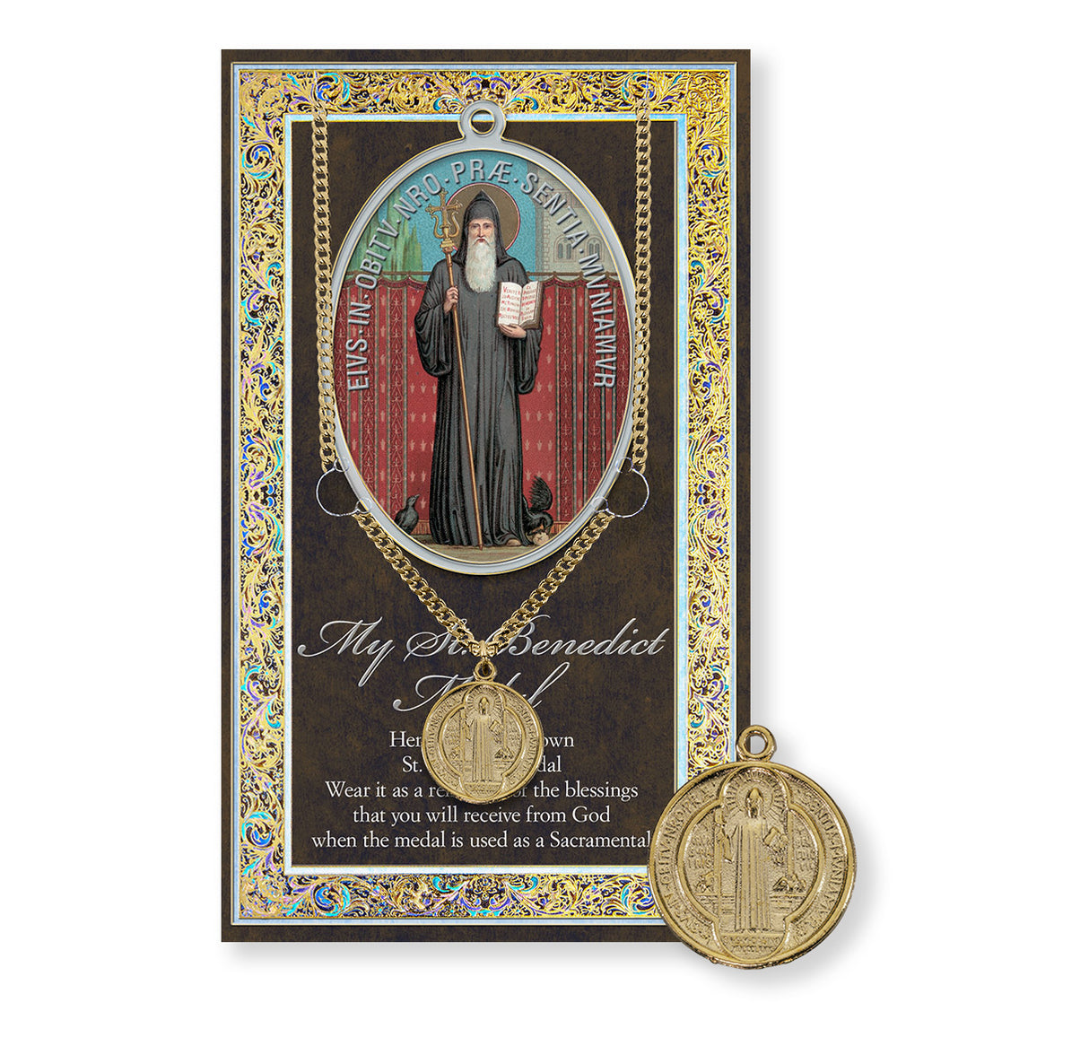 St Benedict Prayer Bio Card & Gold Plated Pendant Set