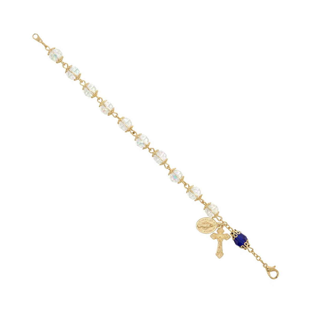 Gold Plated Capped Crystal & Blue Teardrop Rosary Bracelet BR102