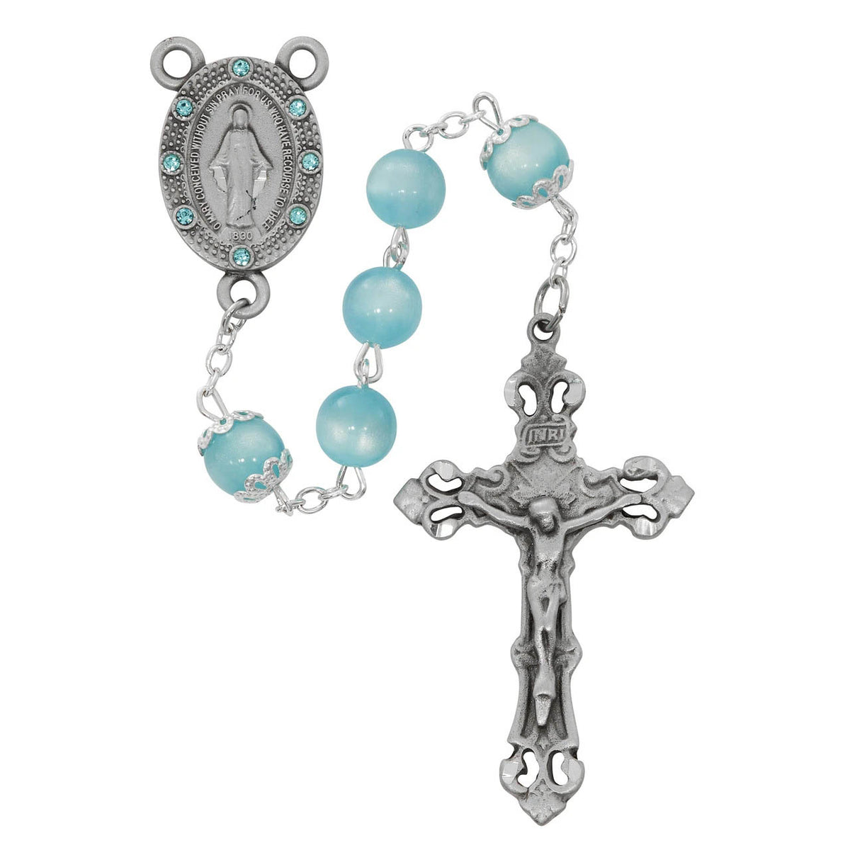 8mm Cats Eye Blue Deluxe Pewter Rosary R1022F