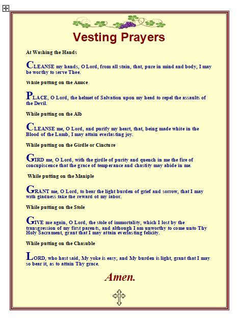 Vesting Prayers in English - Large Laminated Card