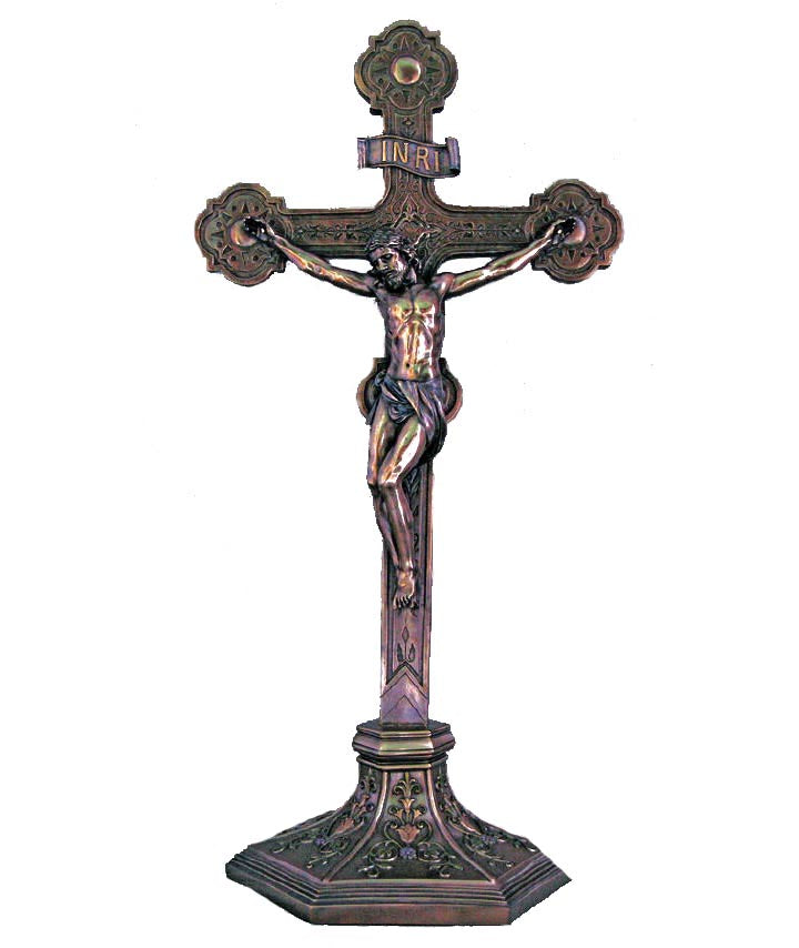 22 inch Standing Ornate Crucifix with Antiqued Bronze Finish