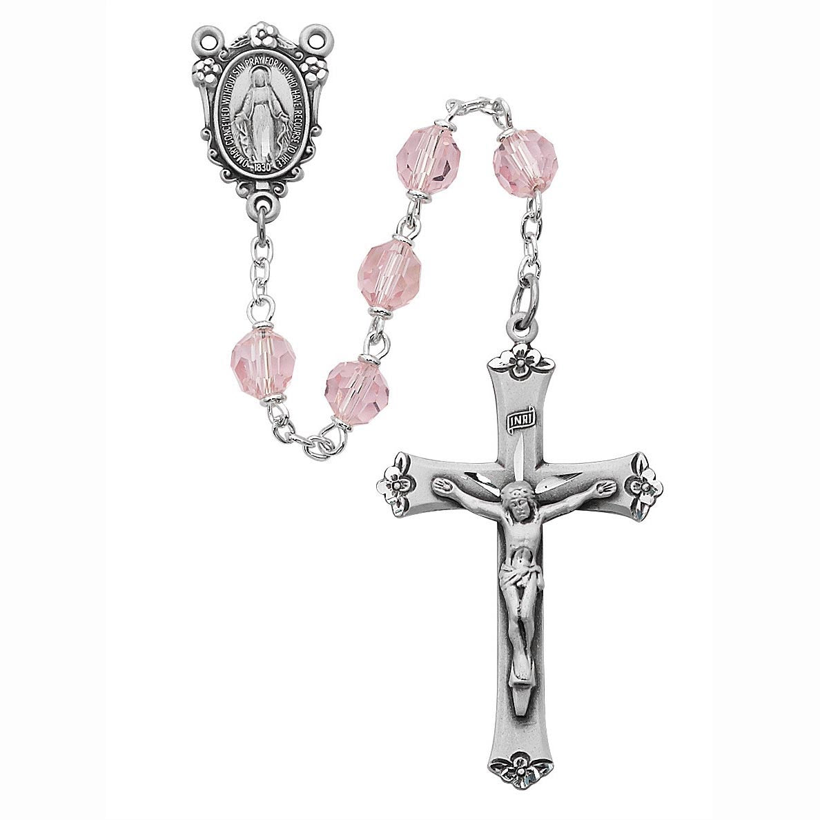 Sterling Pink Tin-Cut Crystal Rosary no. R406LF