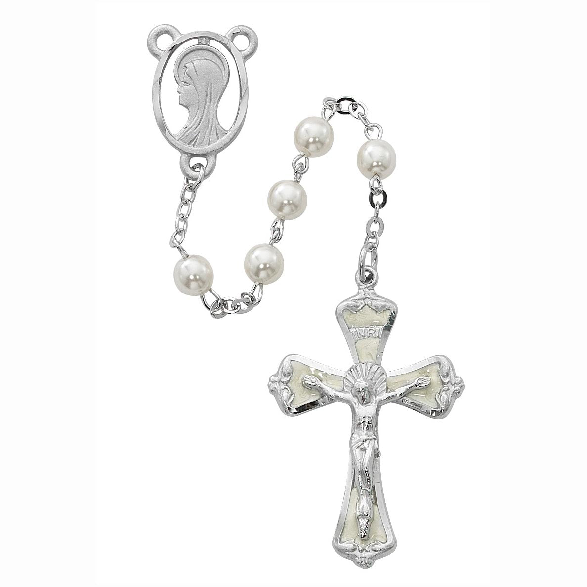 6mm Silver Finish Pearlized Glass Bead Rosary - no. R157RF