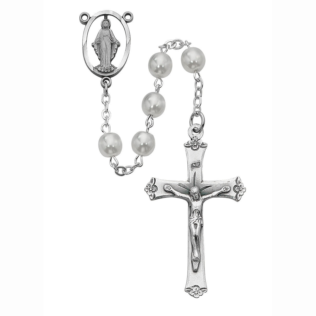 7mm White Pearlized Glass Bead Rosary R276RF