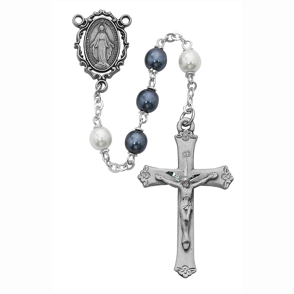Deep Blue & White Pearlized Bead Rosary R418DF