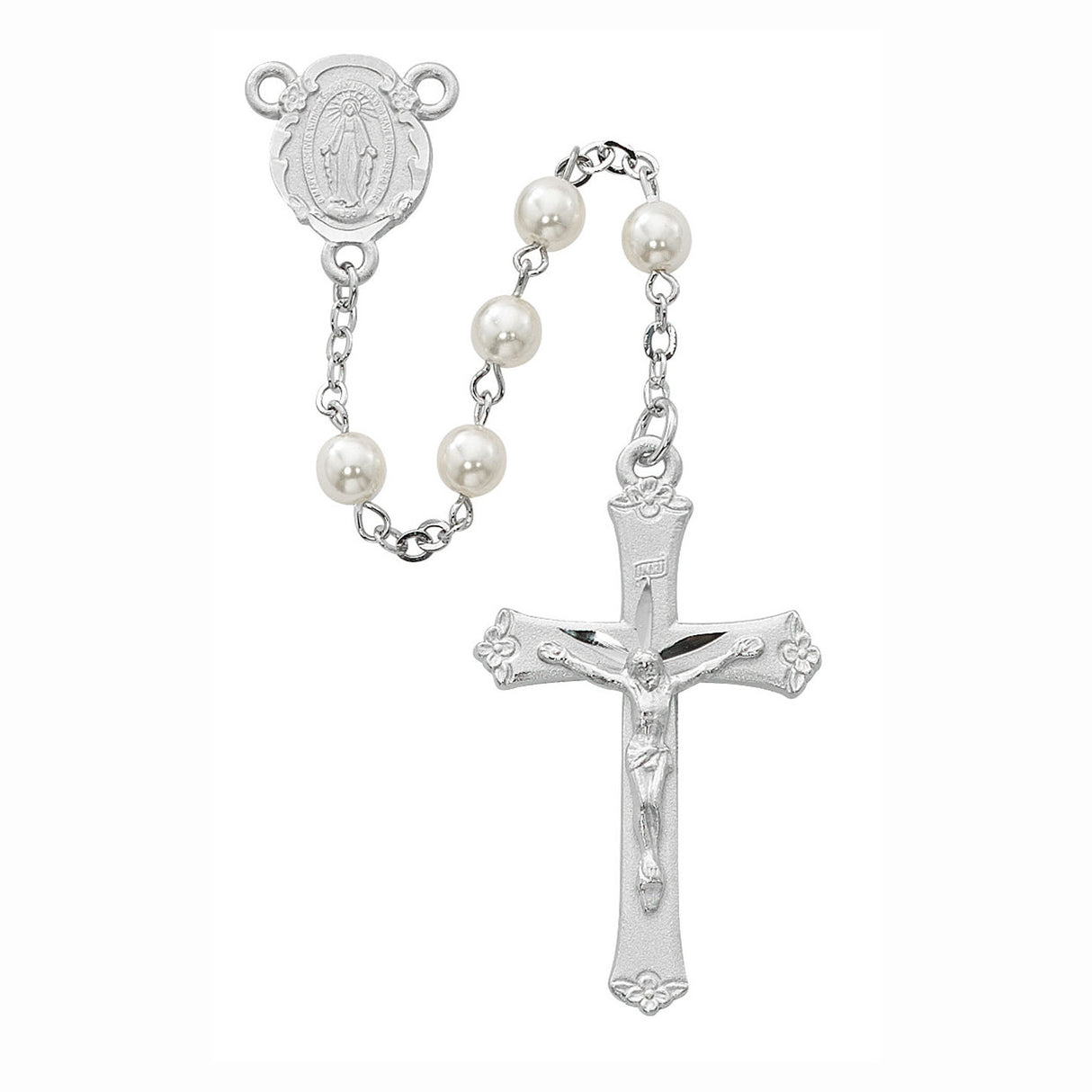6mm Pearl Rosary with Rhodium Finish Center & Crucifix