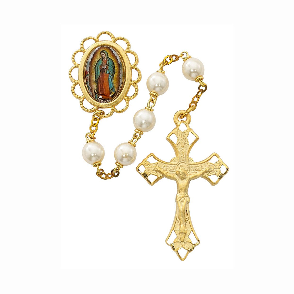 Gold Plated Our Lady of Guadalupe Rosary with Pearlized Glass Beads