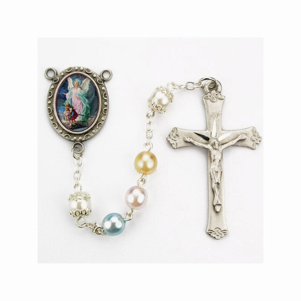 Guardian Angel Rosary with Multi Color Pearlized Glass Beads