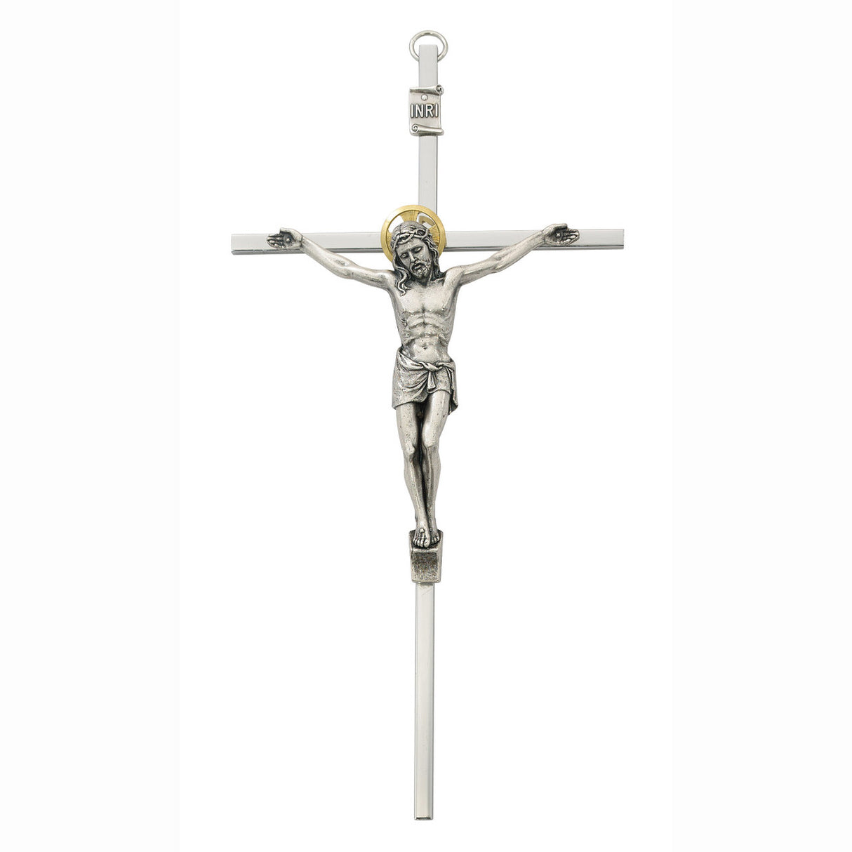 8 inch All Silver Metal Crucifix w Gold Halo - no. 79-48