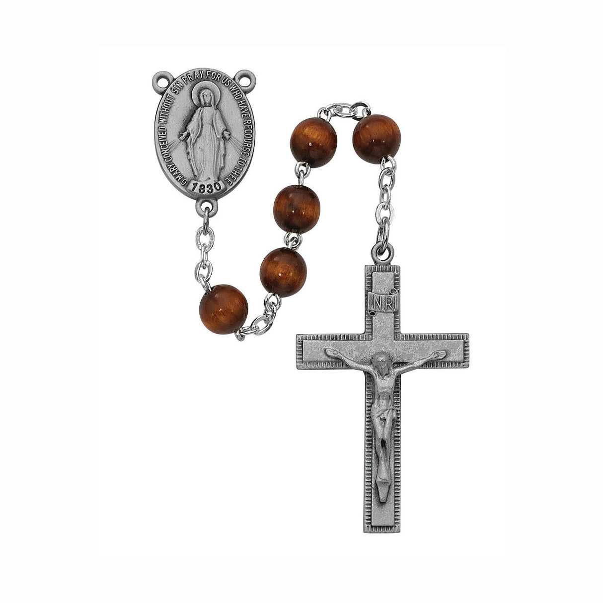 Men's Pewter & Wood Rosary with Miraculous Center R435F