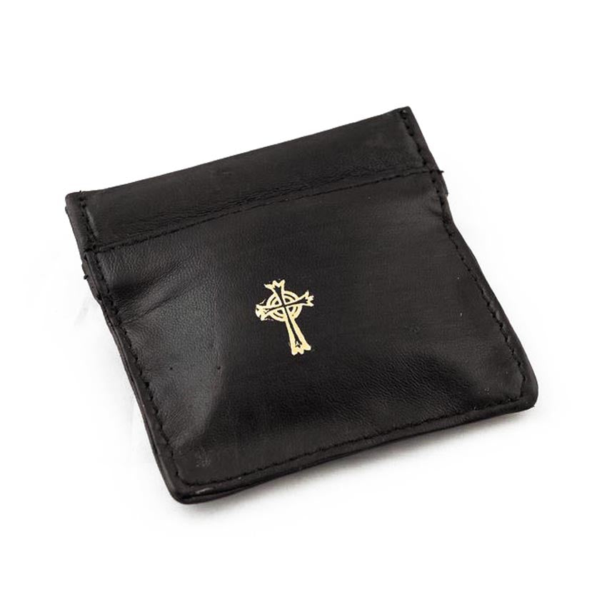 Black Leather Sqeeze Close Rosary Pouch