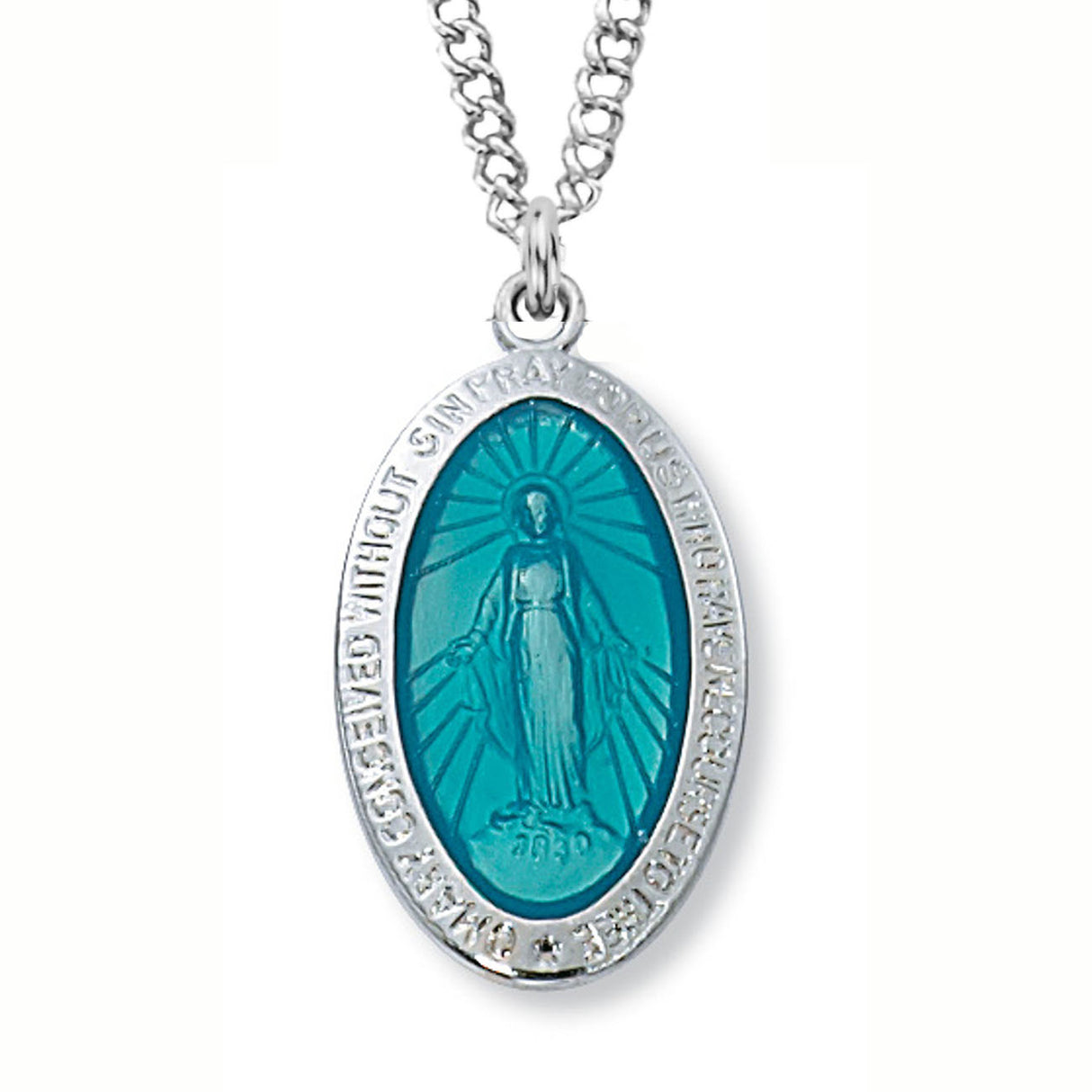 Blue Enameled Sterling Silver Miraculous Medal Necklace L311ME