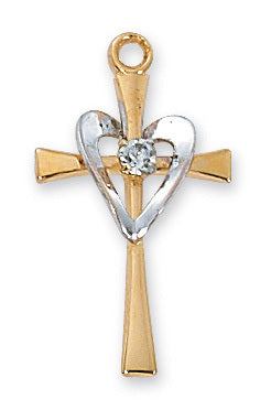 Gold Cross with Silver Heart and Stone Pendant J9117