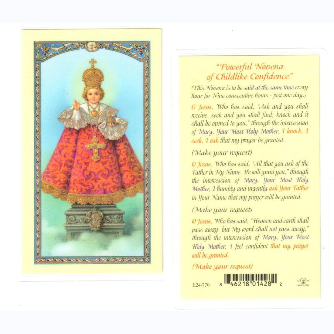 Infant of Prague Holy Card with Novena of Childlike Confidence - E24-770