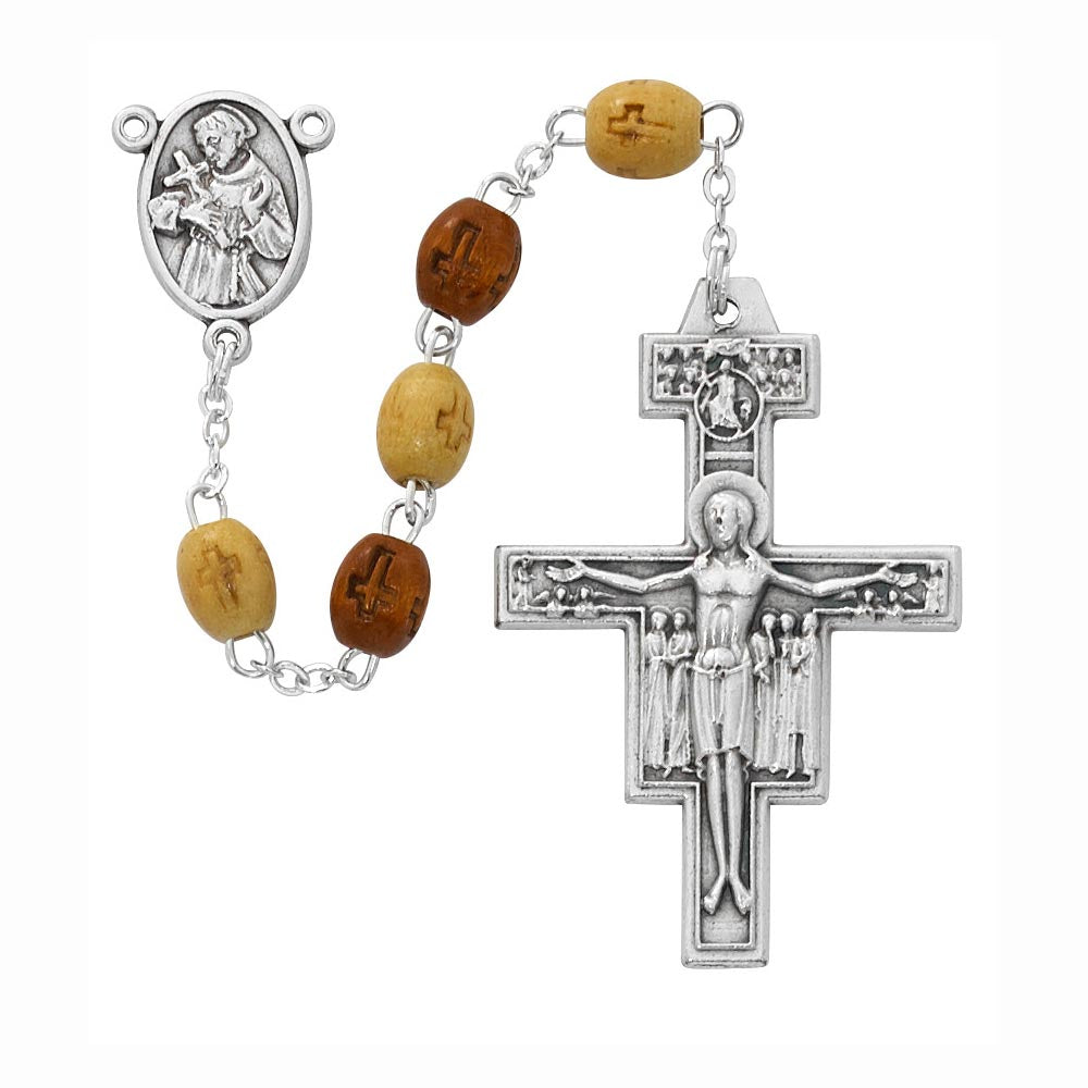 Wood Bead & Tau Cross Rosary Beads no. P192R