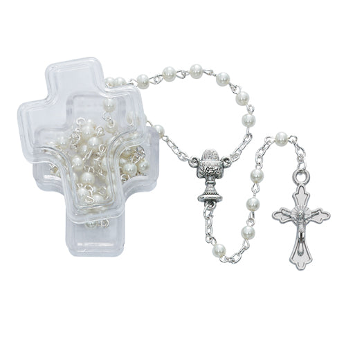 Pearl Communion Rosary Clear Cross Box