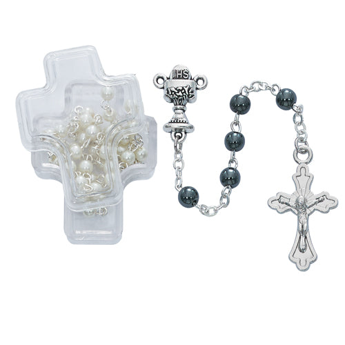 Hematite First Communion Rosary in Clear Cross Box