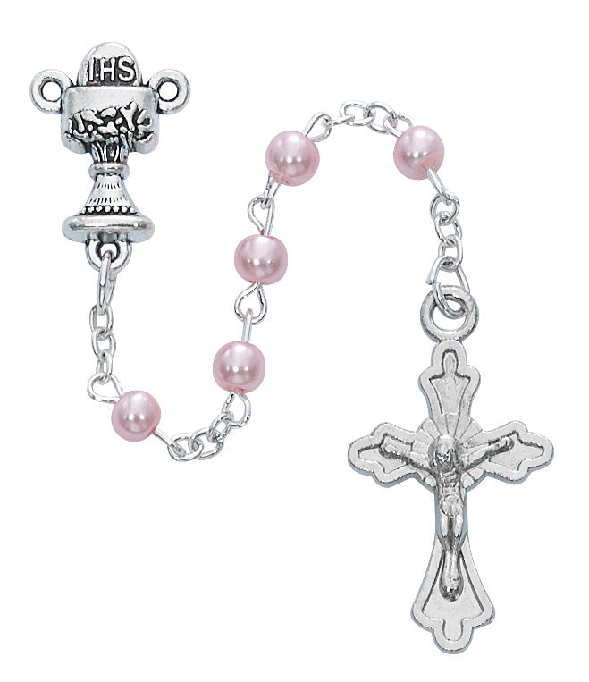 Pink First Communion Rosary in Cross Box