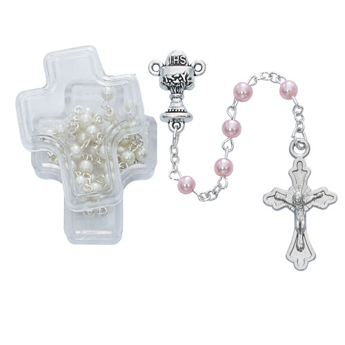 Pink First Communion Rosary in Cross Box