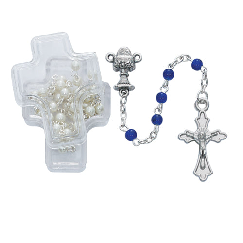 Blue First Communion Rosary in Cross Box