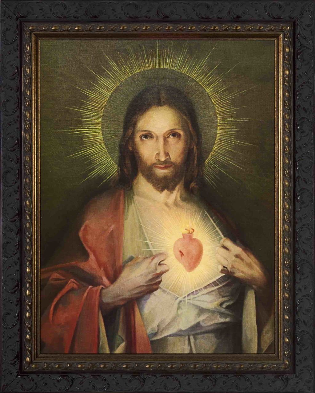 Polish Sacred Heart of Jesus in Dark Ornate Frame