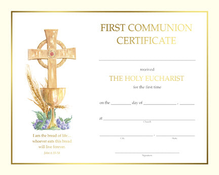 First Communion Certificates with Gold Border - 50ct. per Box