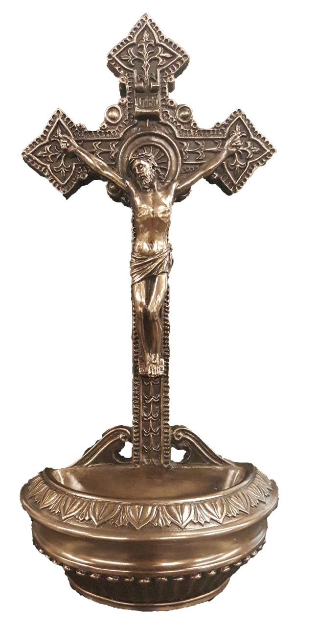 9 inch Self Standing Crucifix Holy Water Font in in Cold-cast Bronze