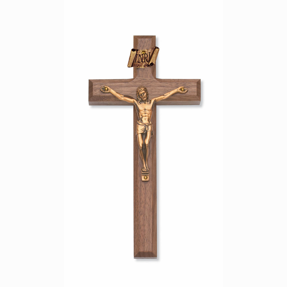 Dark Walnut Wall Crucifix with Gold Corpus - 8 inches in length