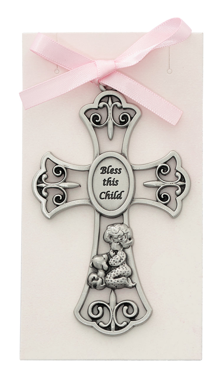 Pink Bless the Child Pewter Crib Cross