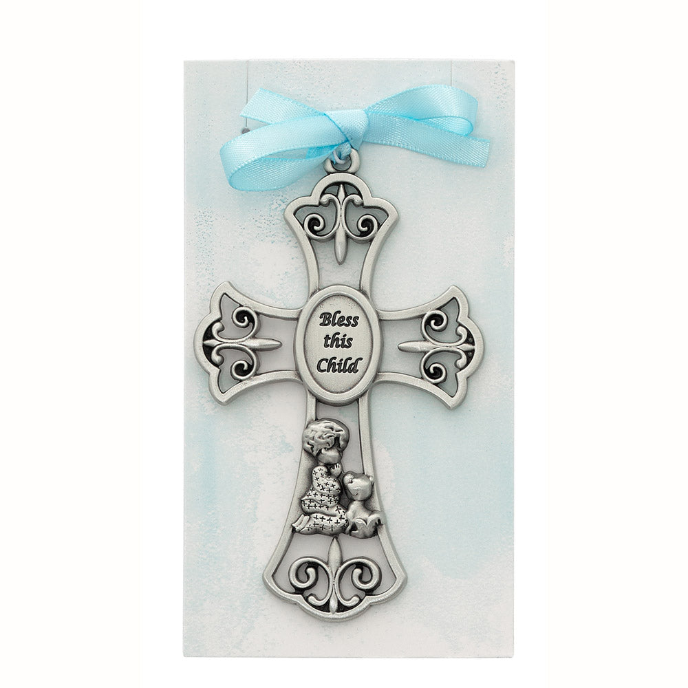 Blue Bless the Child Pewter Crib Cross