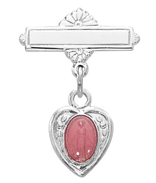 Sterling Heart Miraculous Medal Baby Pin with Pink Epoxy 452LT